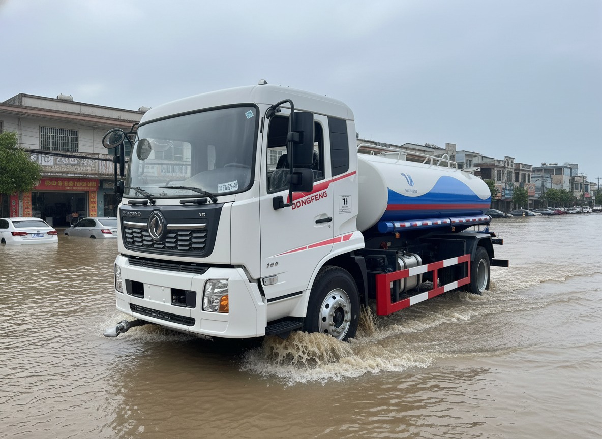Xe phun nước rửa đường Hino 6 khối (6m³) màu trắng đang tưới cây xanh công viên đô thị.