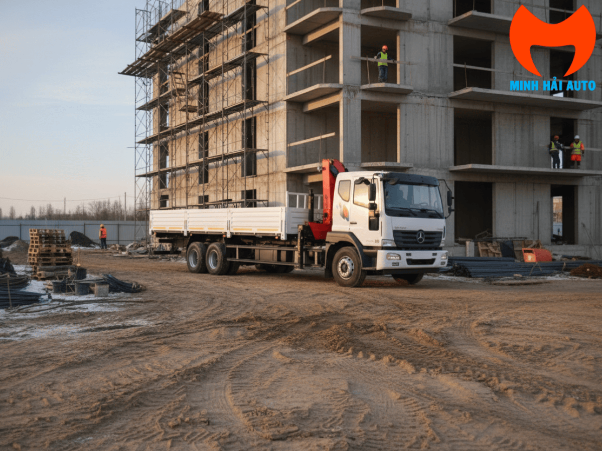 Xe tải cẩu xây dựng Daewoo 10 tấn Palfinger đang bốc xếp hàng hóa tại công trường.