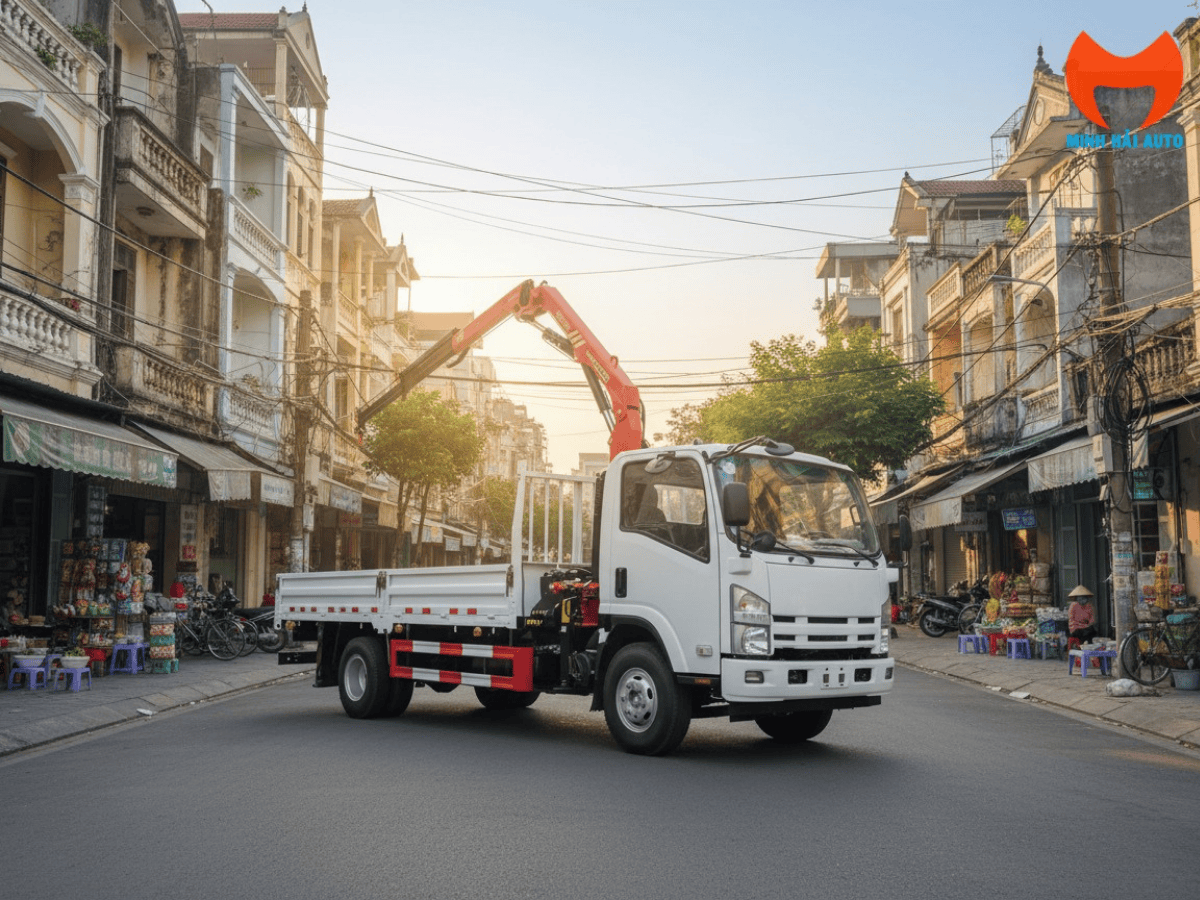 Xe tải Isuzu 700P NPR gắn cẩu xếp Palfinger 3 tấn PK6500 đang hoạt động.