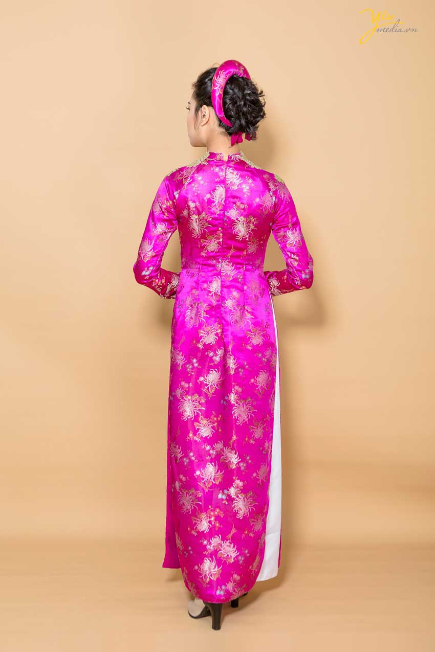 áo dài gấm màu hồng tay dài đẹp