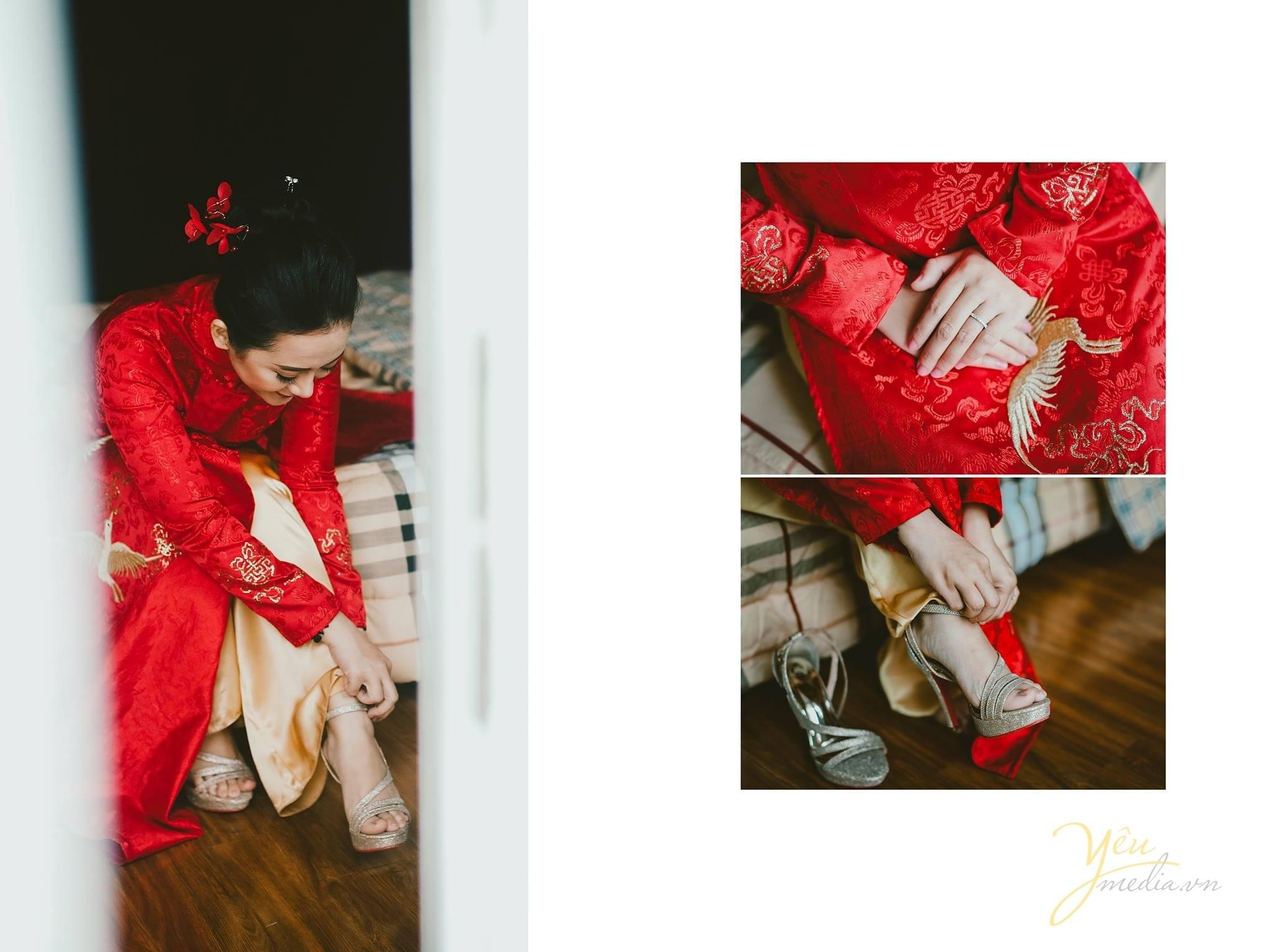 phóng sự cưới cô dâu đi giày chuẩn bị trang phục cưới