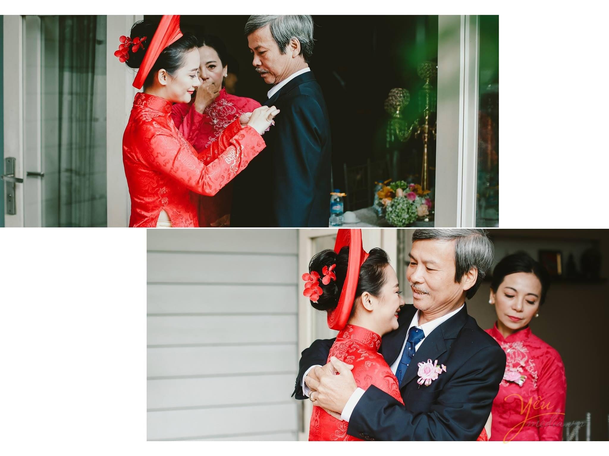 con gái cài hoa lên áo cho ba trước khi đón dâu