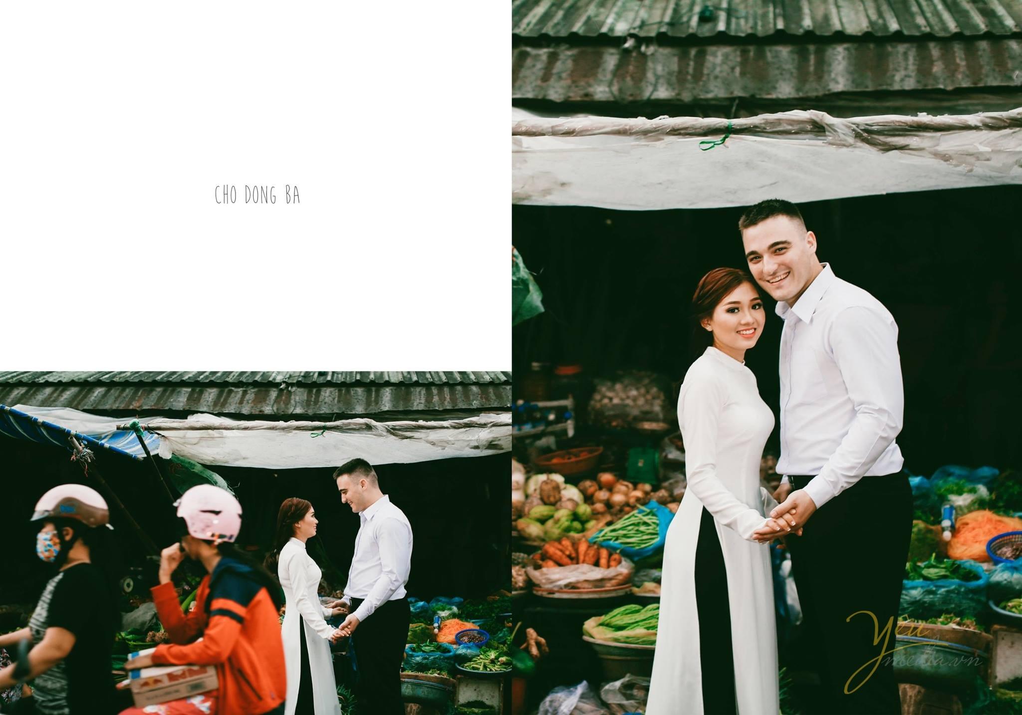 ảnh cưới áo dài sơ mi trắng chụp tại chợ đông ba huế