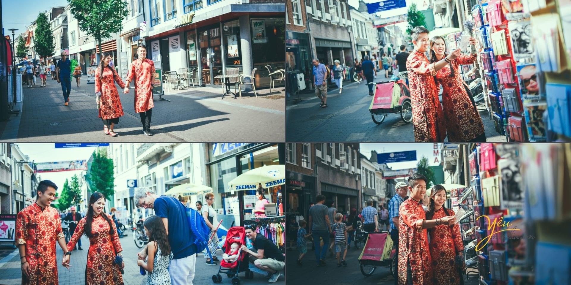 ảnh cưới chụp cô dâu chú rể nắm tay nhau dạo đường phố châu âu