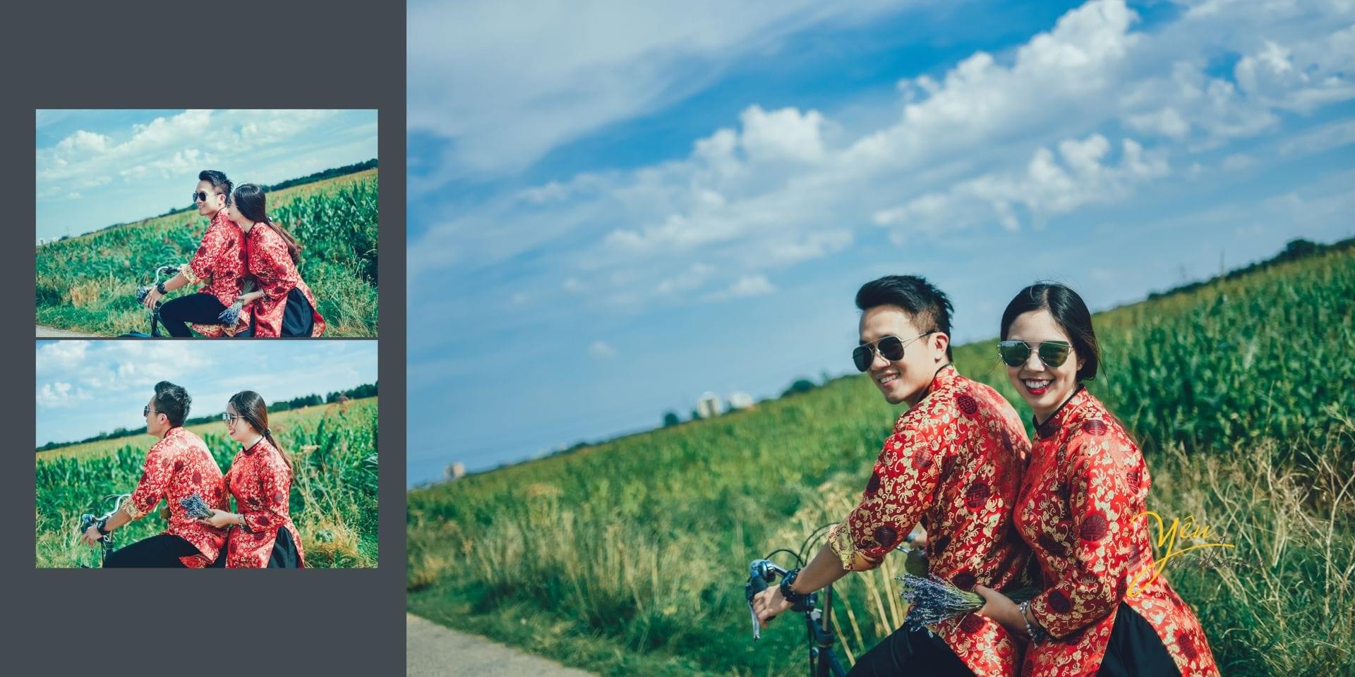 ảnh cưới cố dâu chú rể đèo nhau trên cánh đồng châu âu