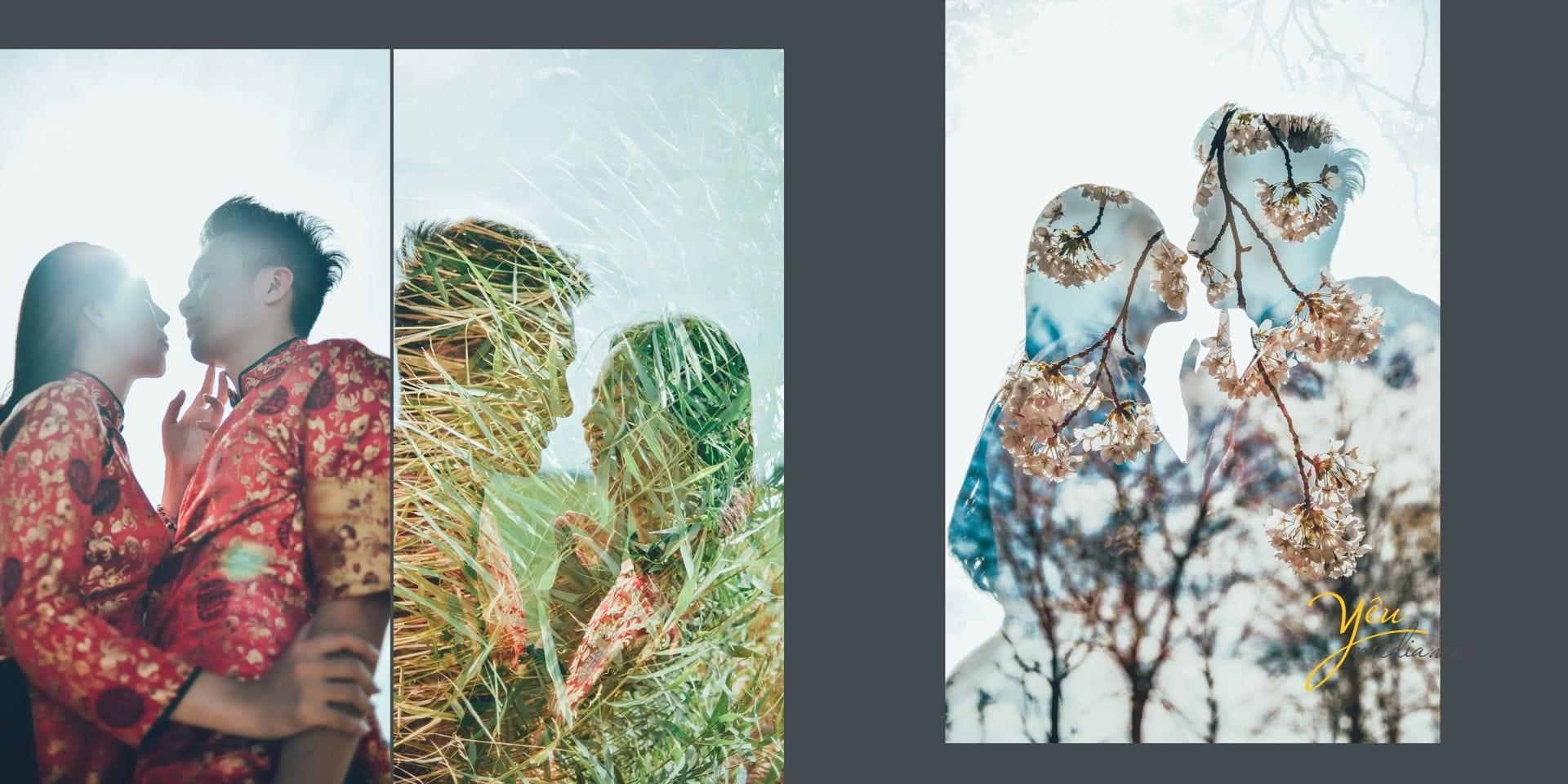 ảnh cưới in bóng cỏ cây hoa lá lên hình cô dâu chú rể