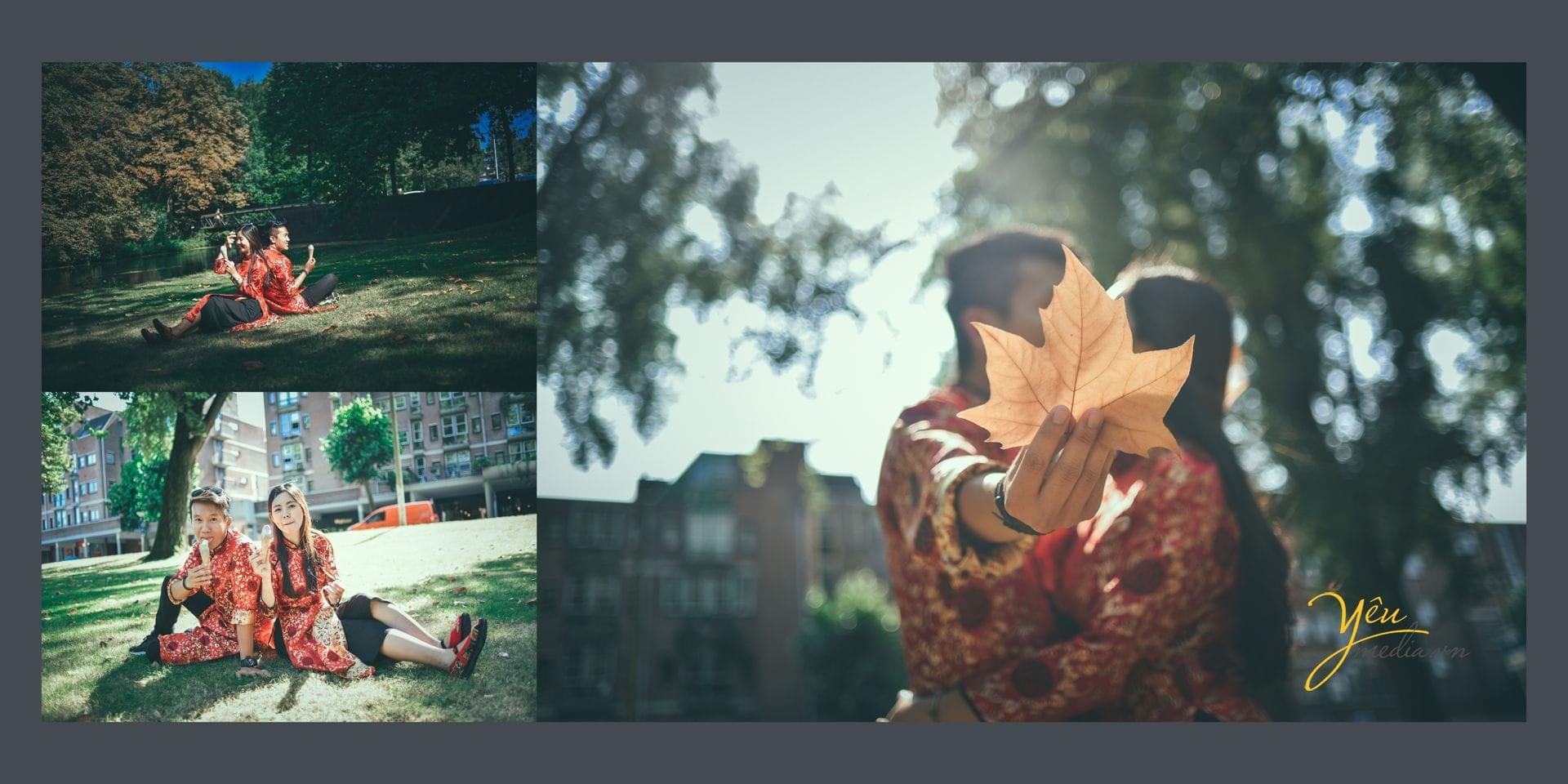 ảnh chụp cô dâu chú rể ăn kem bên bãi cỏ