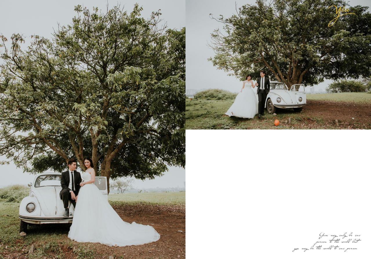 ảnh cưới chụp vườn nhãn vĩnh tuy cùng ô tô cổ