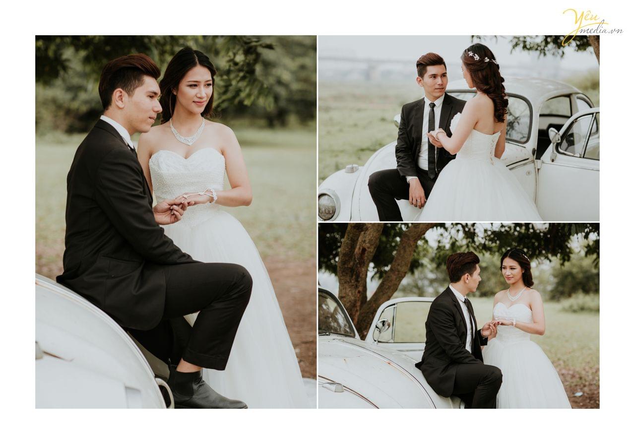 ảnh cưới vườn nhãn vĩnh tuy chú rể cầm tay cô dâu