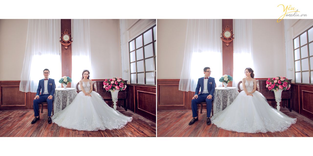 cô dâu chú rể tạo dáng trong không gian lãng mạn