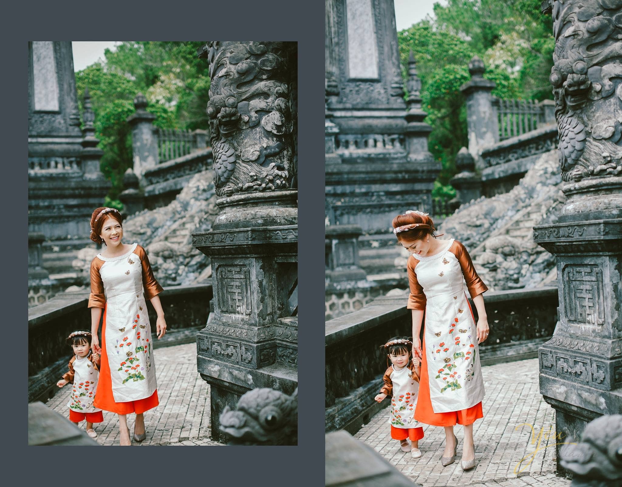 mẹ và con gái mặc đồ đôi áo dài cách tân