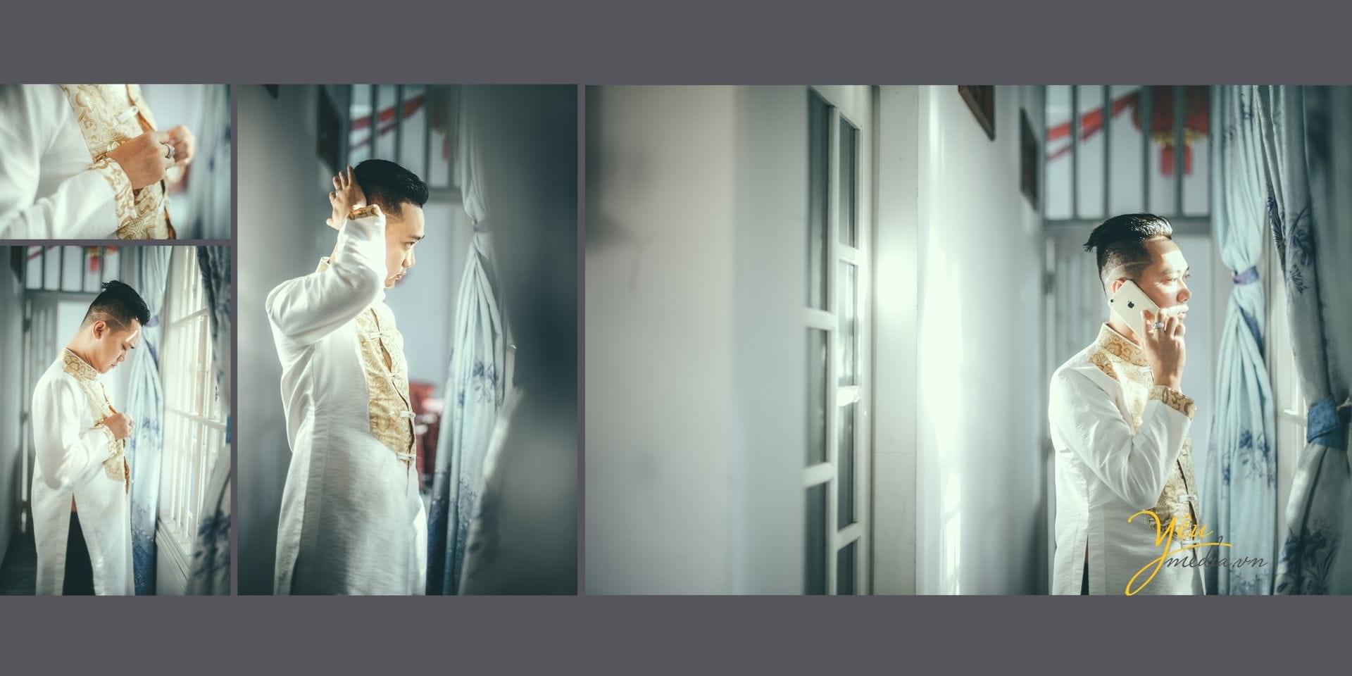 chú rể chuẩn bị trang phục cho lễ đón dâu