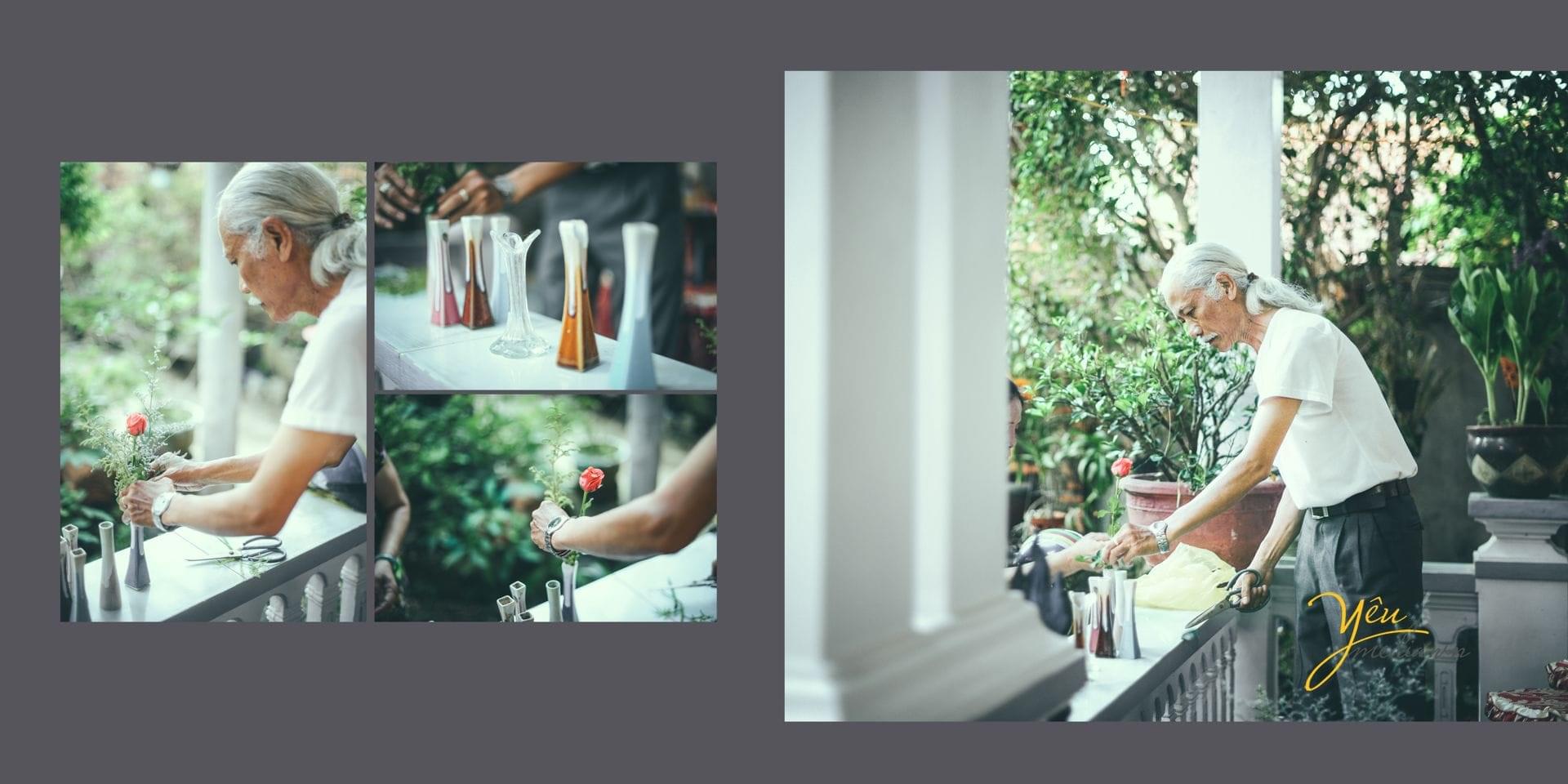 bố cắm hoa cho ngày cưới của con trai