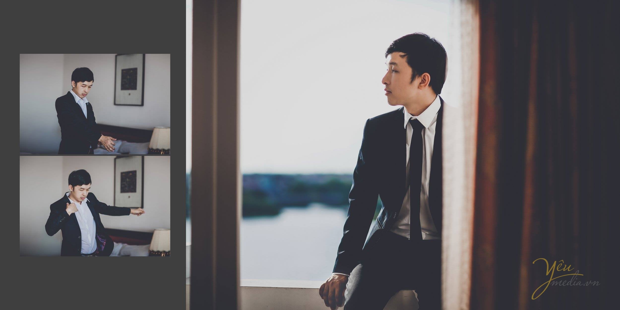 chú rể sửa soạn trang phục trước lễ cưới