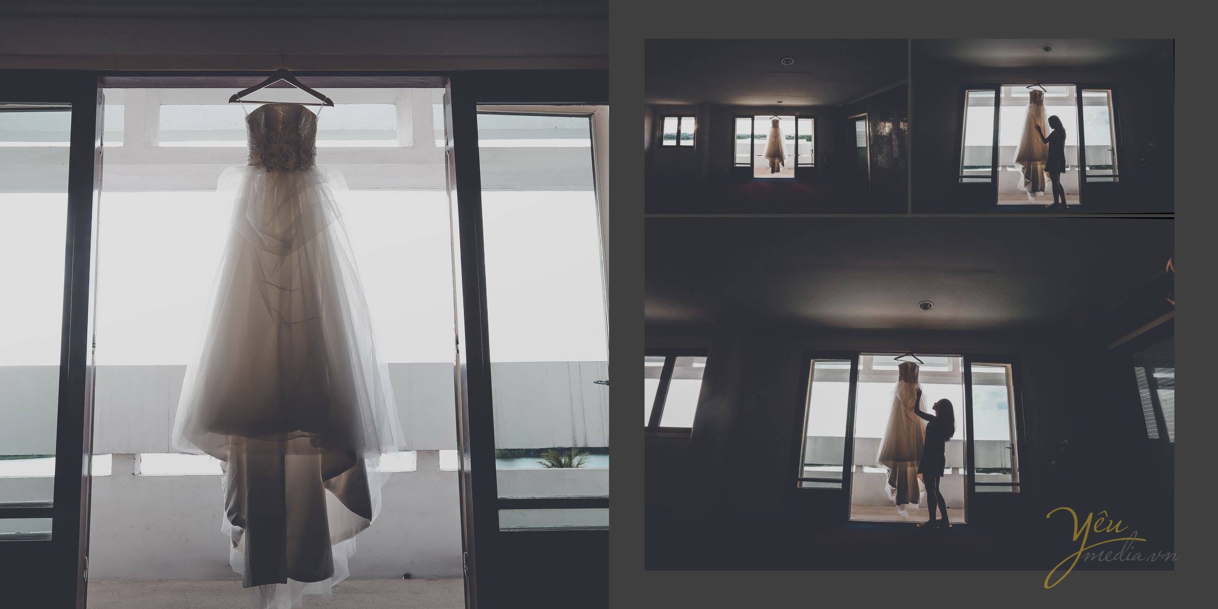 cô dâu sửa soạn váy trước lễ cưới