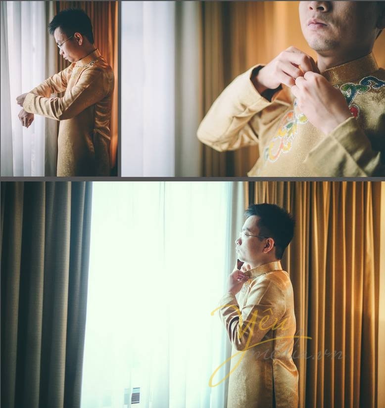 chú rể chỉnh lại trang phục trước khi đi đón dâu