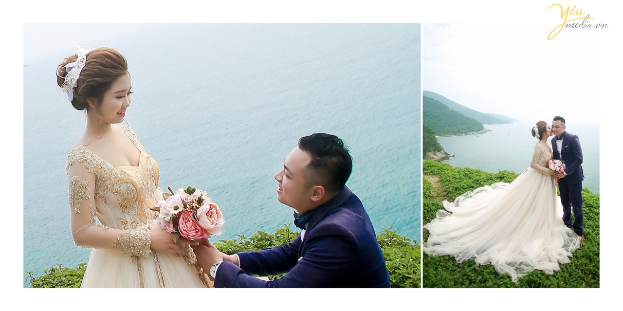 chú rể quỳ xuống tặng hoa cho cô dâu