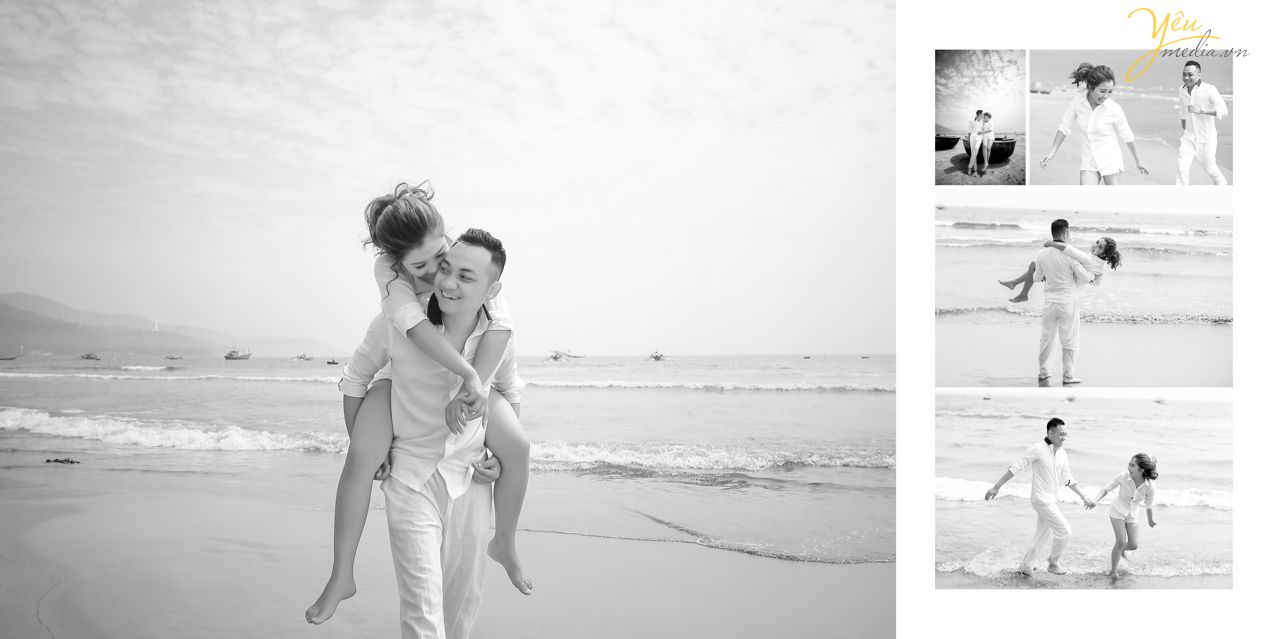 chú rể cõng cô dâu đi trên bờ biển