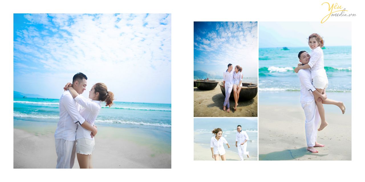 chú rể ôm eo cô dâu trên bờ biển
