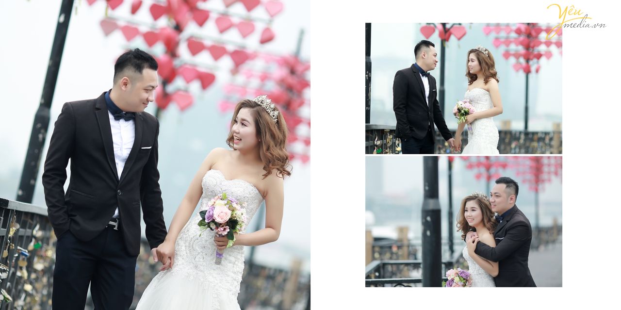 cô dâu chú rể nắm tay nhau tình tứ trên cầu đà nẵng