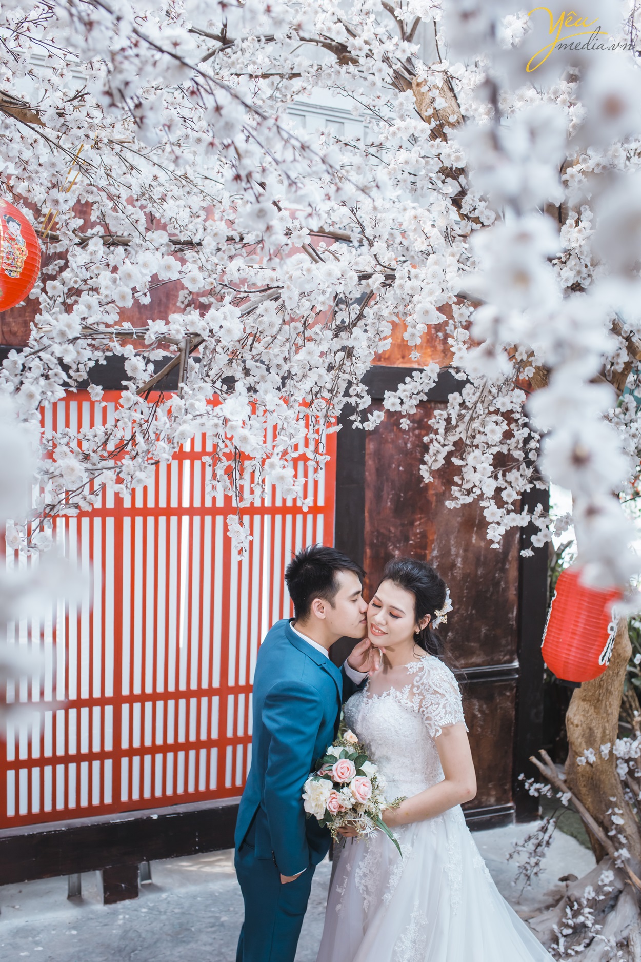 cô dâu chú rể chụp ảnh cưới dưới cây đào