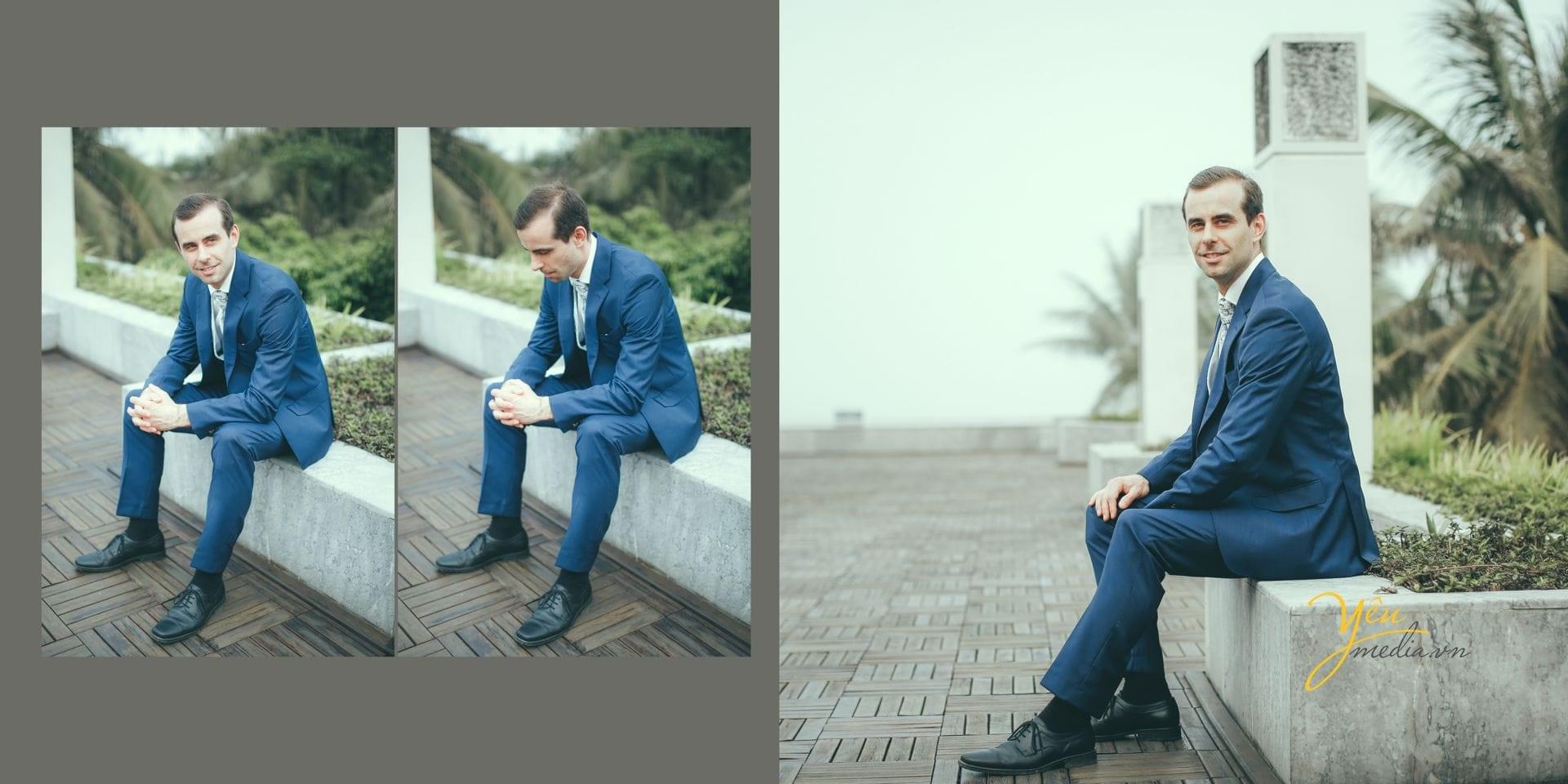 chú rể lịch lãm trong bộ vest ngồi chờ cô dâu