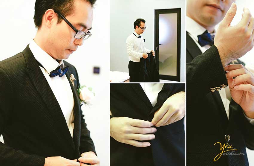chú rể mặc vest chuẩn bị đi đón dâu