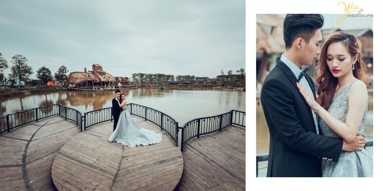 ảnh cưới váy dạ hội đứng bên hồ
