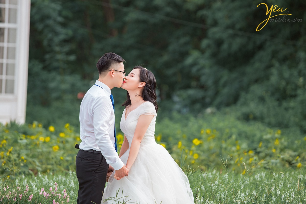 cô dâu chú rể hôn nhau trong vườn xanh
