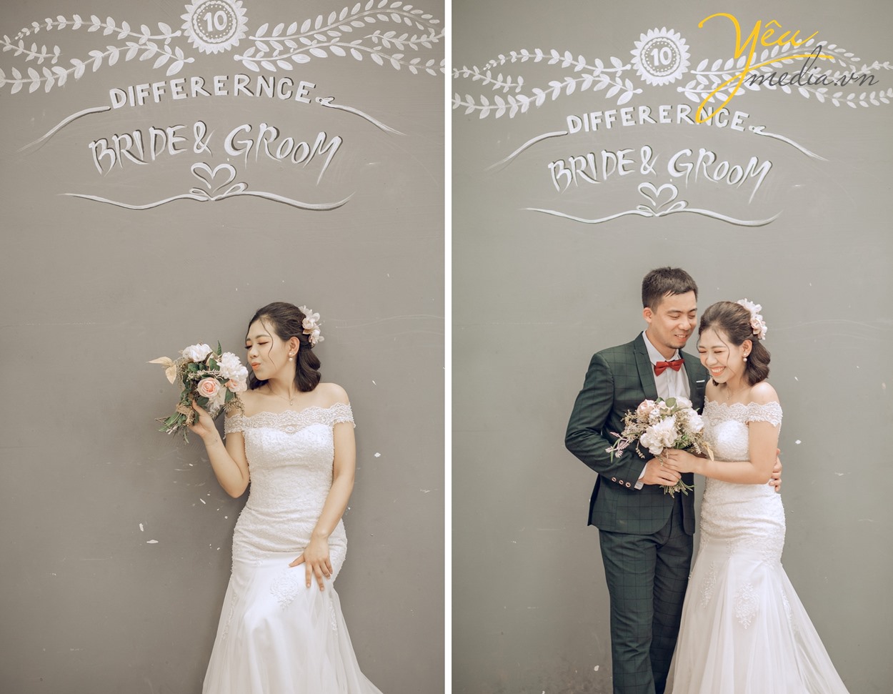 cô dâu chú rể chụp ảnh cưới phía trước bức tường màu ghi