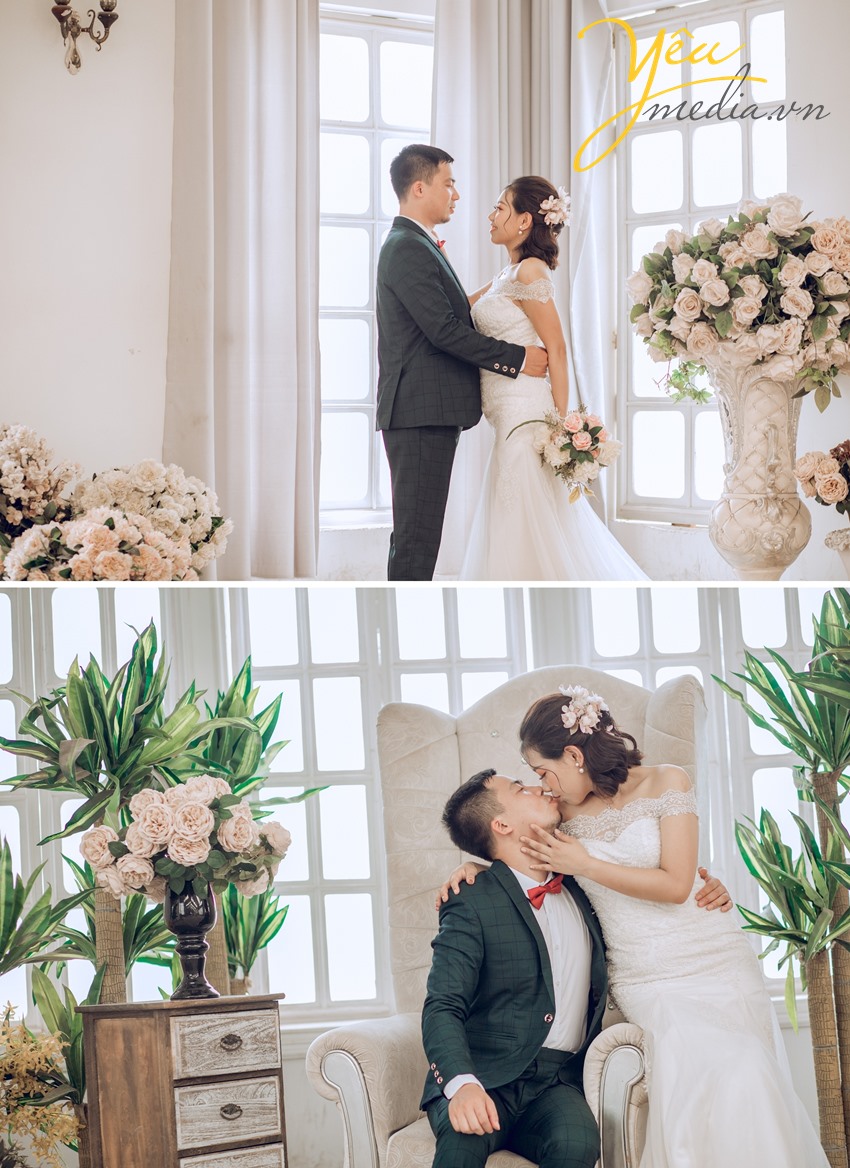 ảnh cưới chụp trong lâu đài tòa nhà sáng