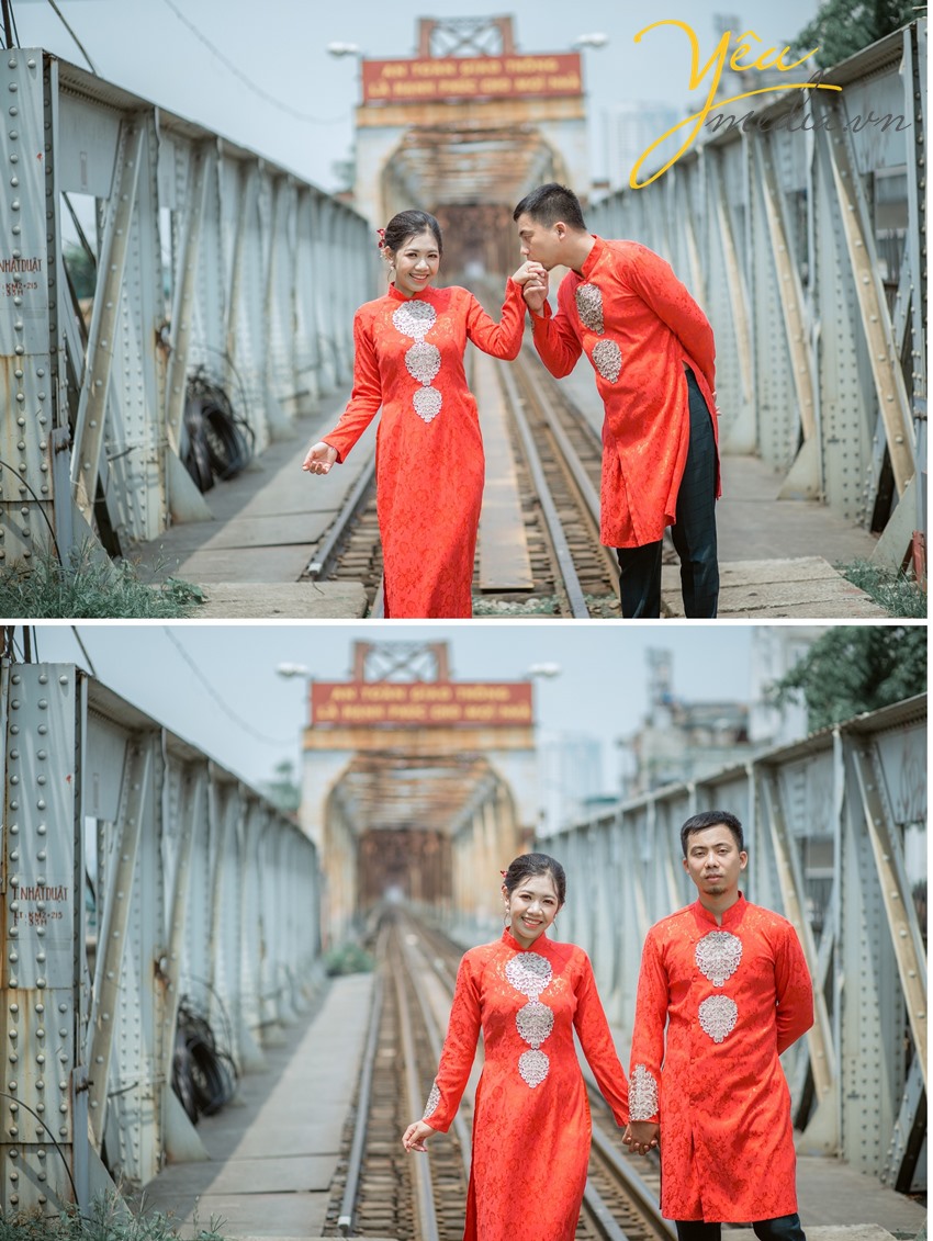 cô dâu chú rể chụp ảnh cưới trên cầu long biên