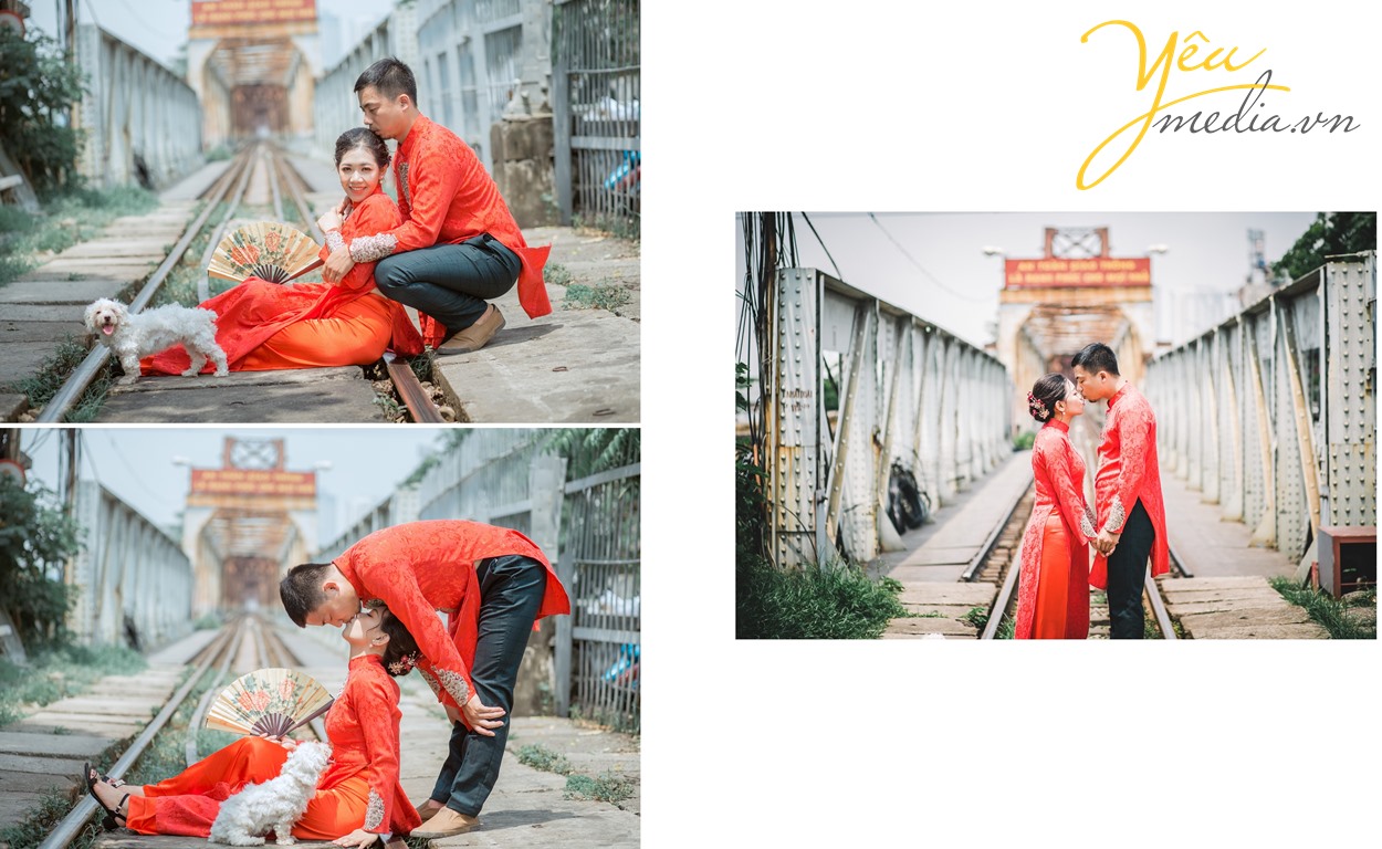 chụp ảnh cưới cùng áo dài trên cầu long biên hà nội