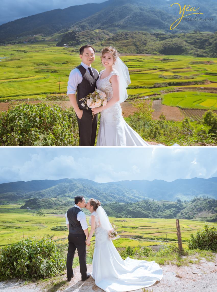 Tới chụp ảnh cưới đẹp ở SaPa bạn không thể bỏ qua Chụp ảnh cưới ở thung lũng Mường Hoa, Bản Tả Văn khi mùa nước đổ hay mùa lúa chín. Những bông múa vàng ươm, cả một vùng trời màu vàng của bông lúa báo hiệu một mùa màng bội thu và no đủ. Ý nghĩa hay, khung cảnh đẹp là những gì cần cho một bức ảnh cưới đẹp.