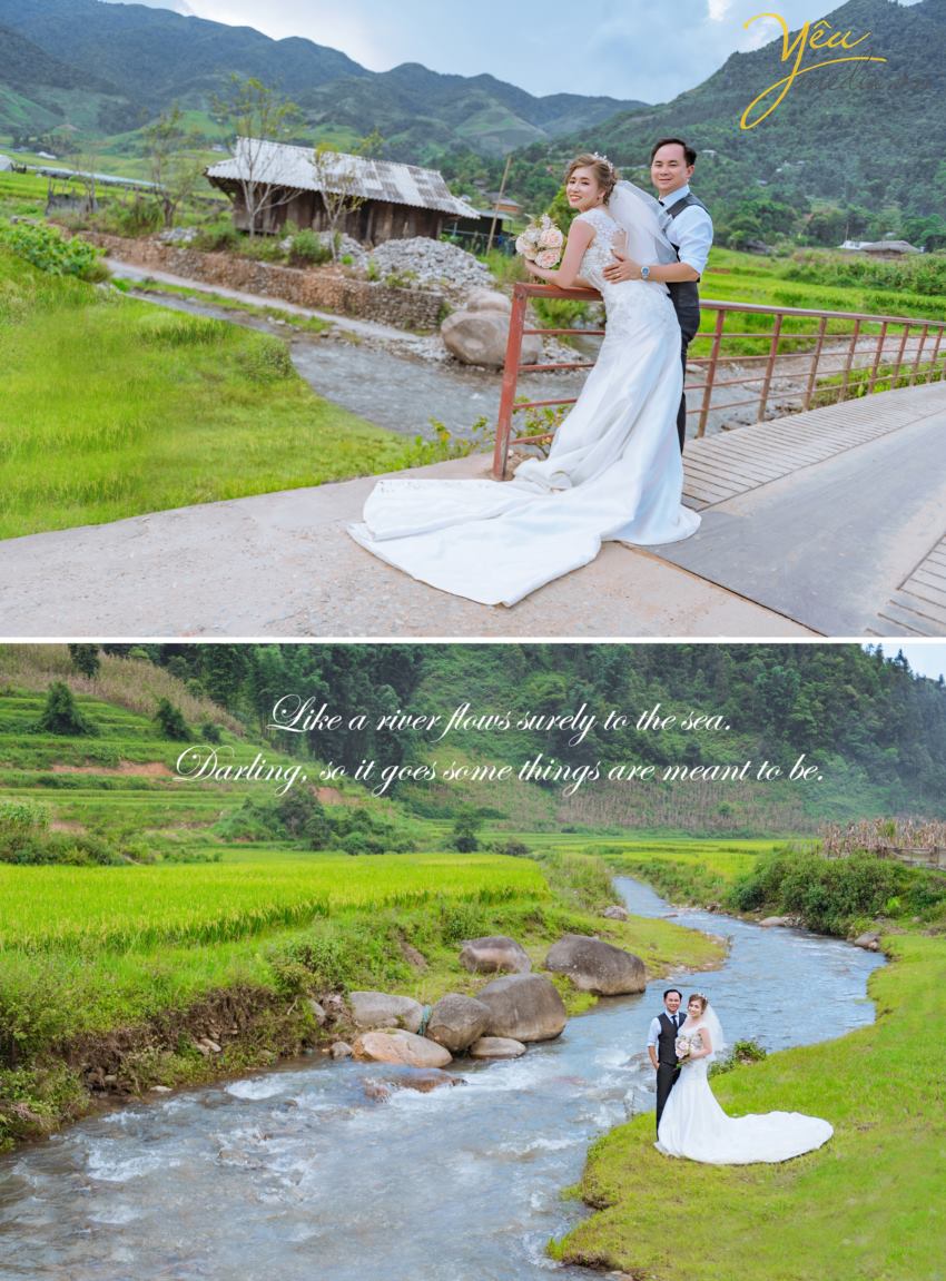 Tới chụp ảnh cưới đẹp ở SaPa bạn không thể bỏ qua Chụp ảnh cưới ở thung lũng Mường Hoa, Bản Tả Văn khi mùa nước đổ hay mùa lúa chín. Những bông múa vàng ươm, cả một vùng trời màu vàng của bông lúa báo hiệu một mùa màng bội thu và no đủ. Ý nghĩa hay, khung cảnh đẹp là những gì cần cho một bức ảnh cưới đẹp.
