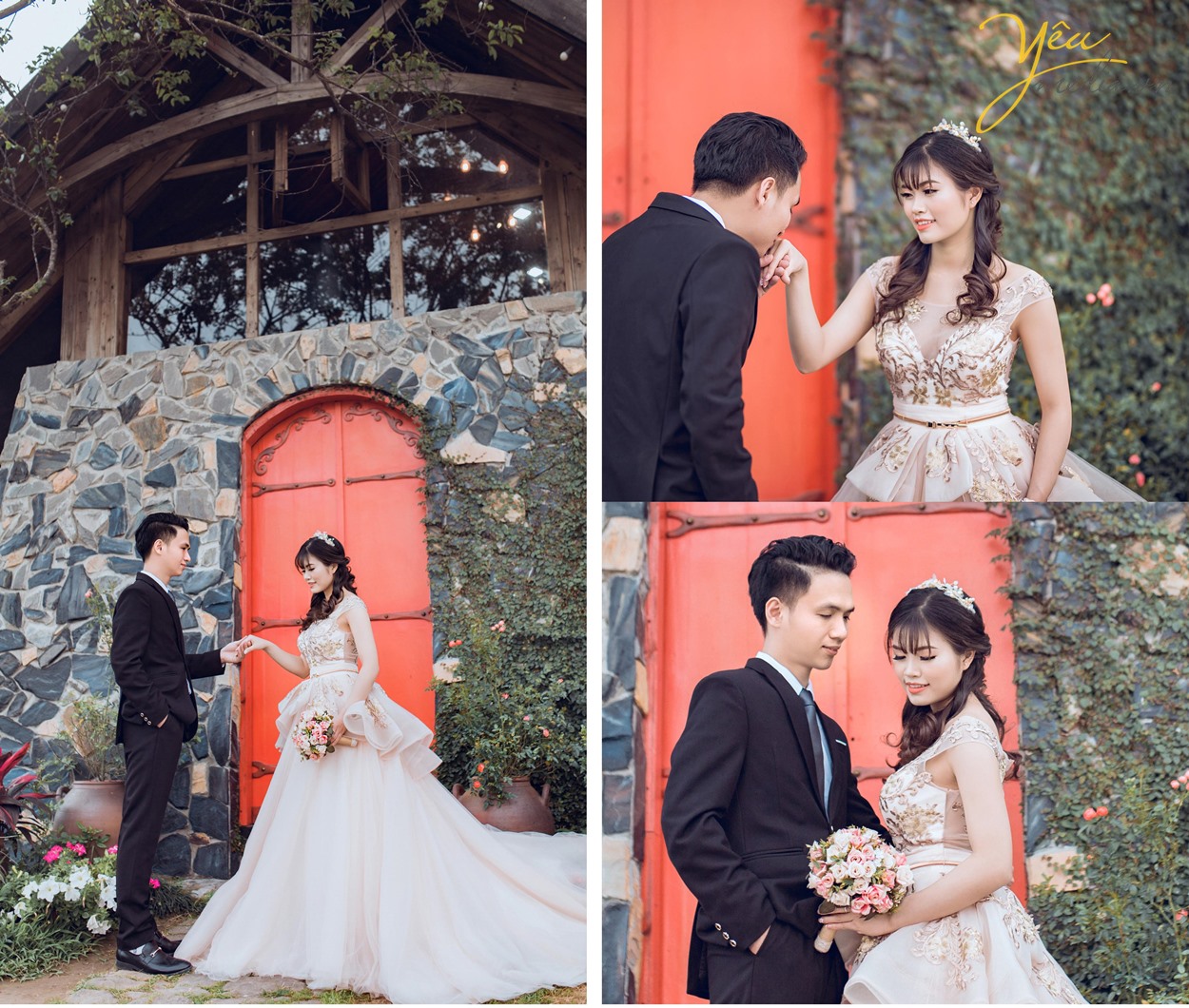 chú rể hôn nhẹ lên tay cô dâu