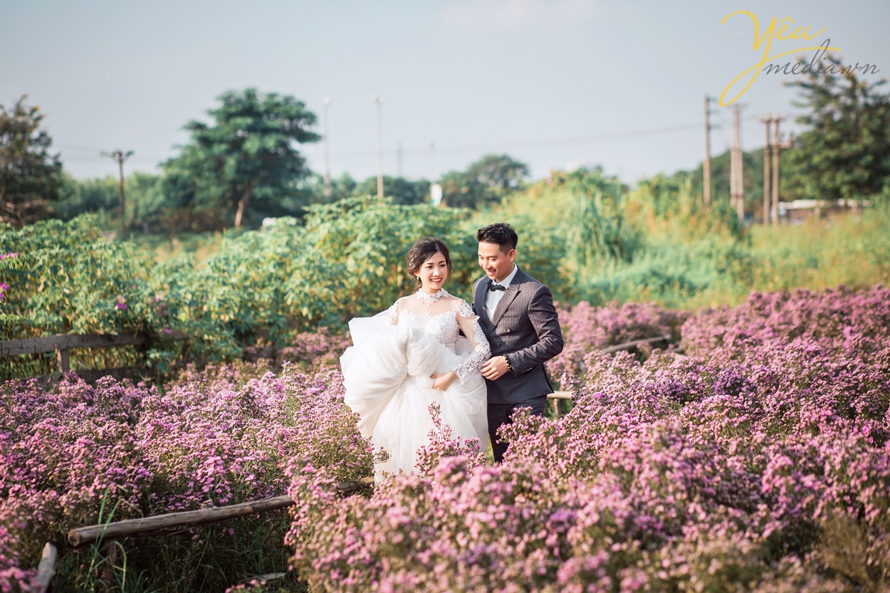 chú rể cô dâu dạo bước trong phim trường nhẹ nhàng