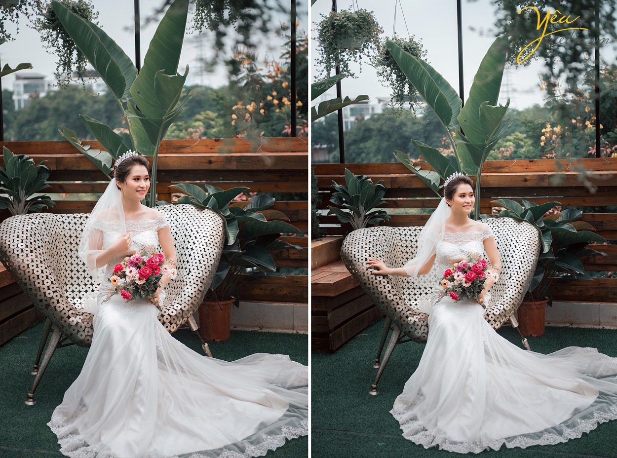 cô dâu xinh đẹp ngồi đợi chú rể đến bên mình