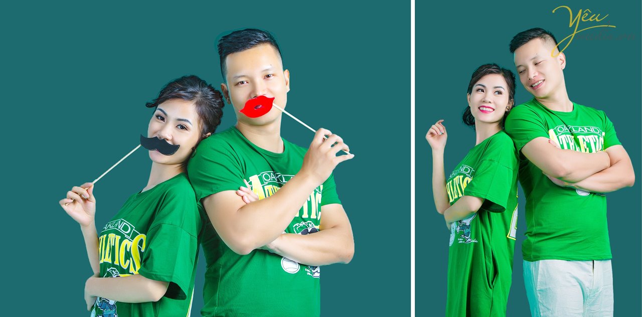 mặc áo đôi màu xanh chụp ảnh tình yêu