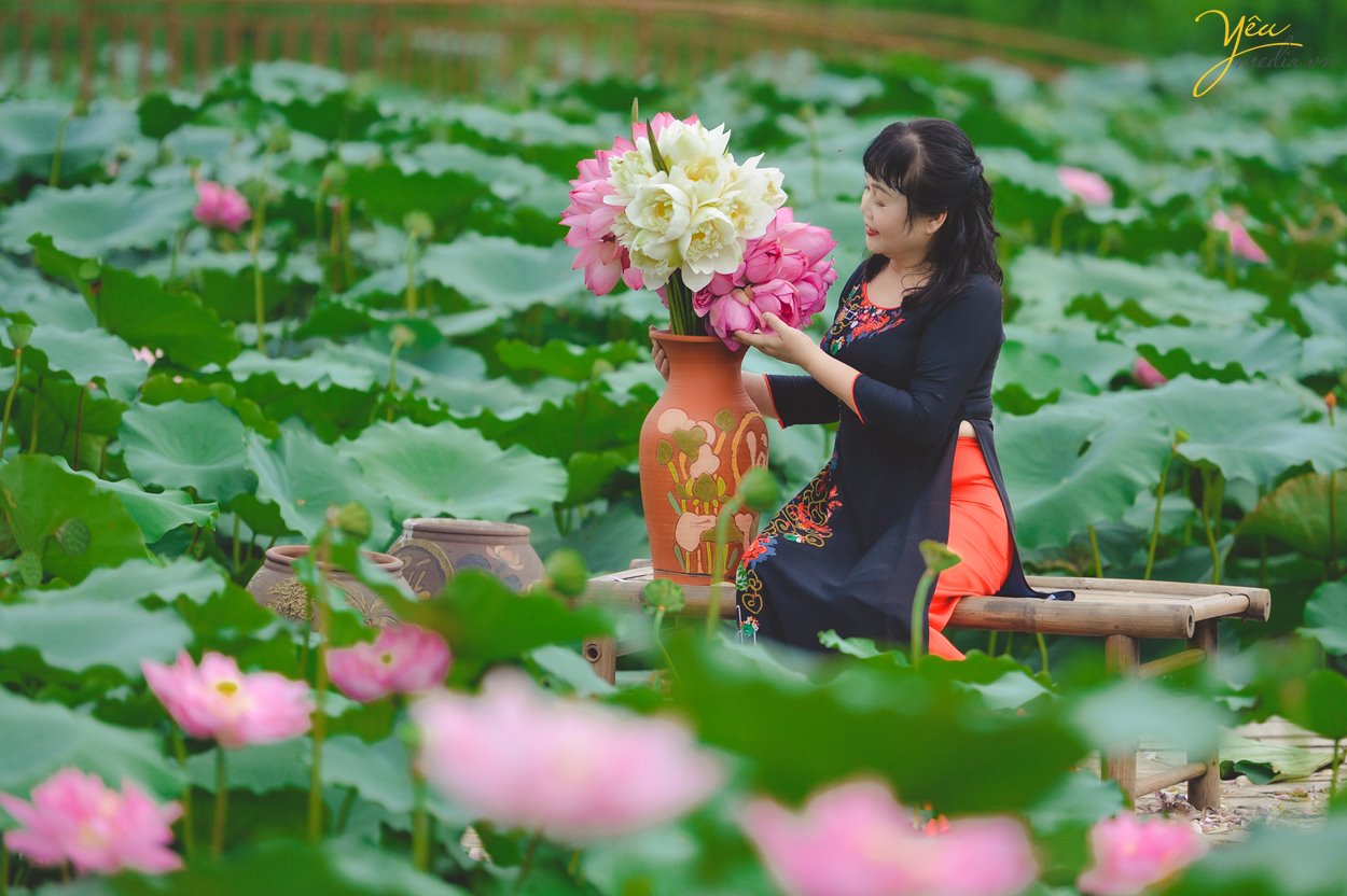 Chụp ảnh với sen có rất nhiều trang phục như áo dài, áo tứ thân, áo yếm, bà ba… Mỗi bức hình sẽ mang một vẻ đẹp riêng, đậm nét đặc trưng của những người phụ nữ Việt Nam.