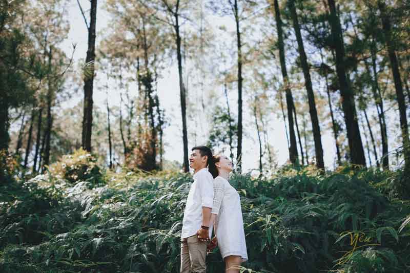 ảnh cưới ngoại cảnh cô dâu chú rể tựa lưng vào nhau tình cảm