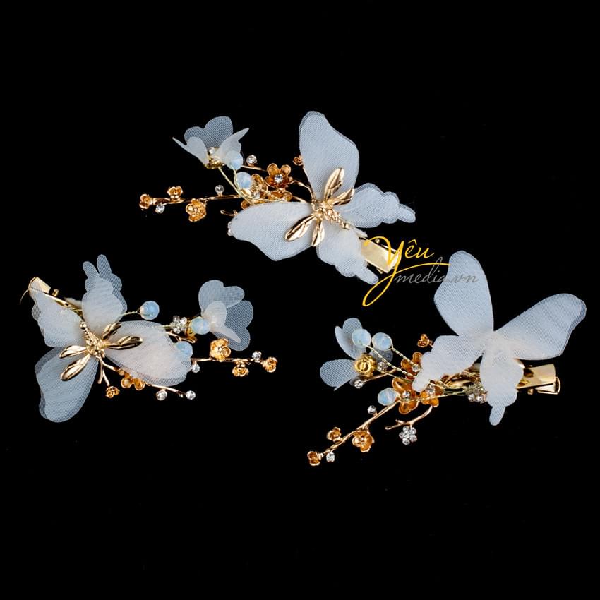 hoa cưới cài tóc cô dâu hình bươm bướm bằng vải kèm hoa màu vàng