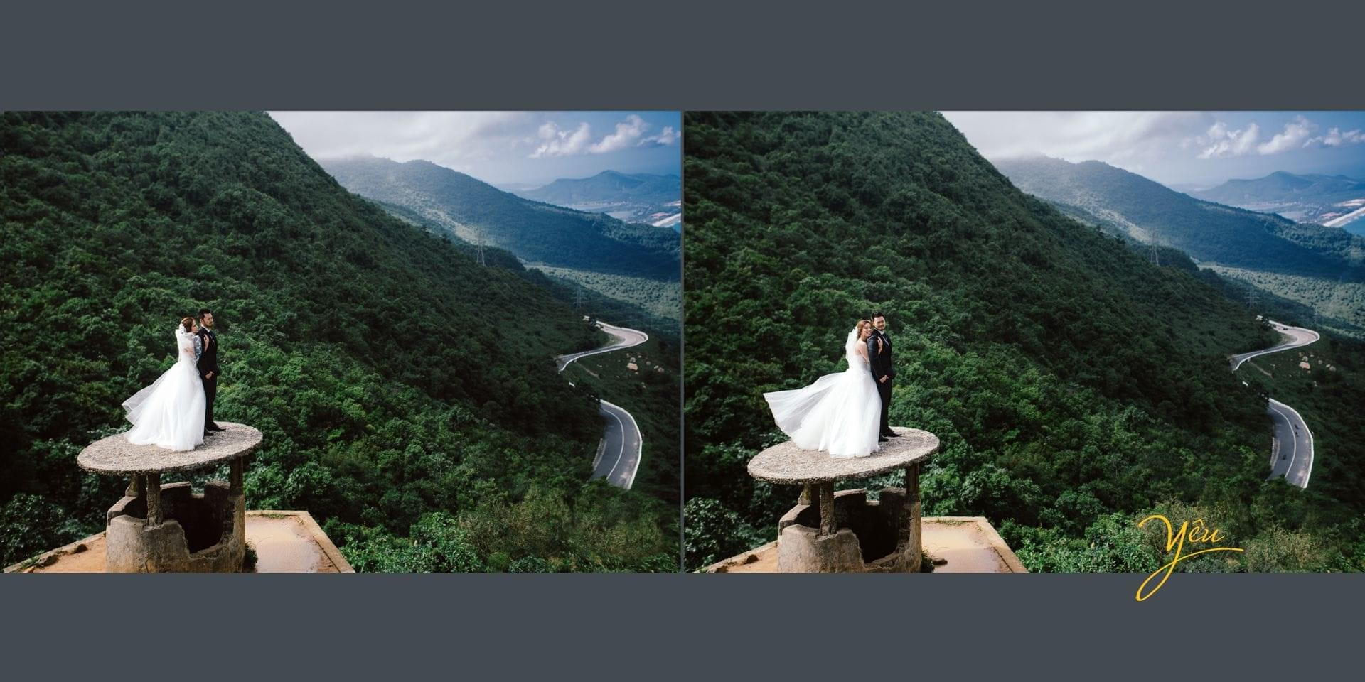 cô dâu ôm từ phía sau lưng chú rể trên đỉnh đèo hải vân