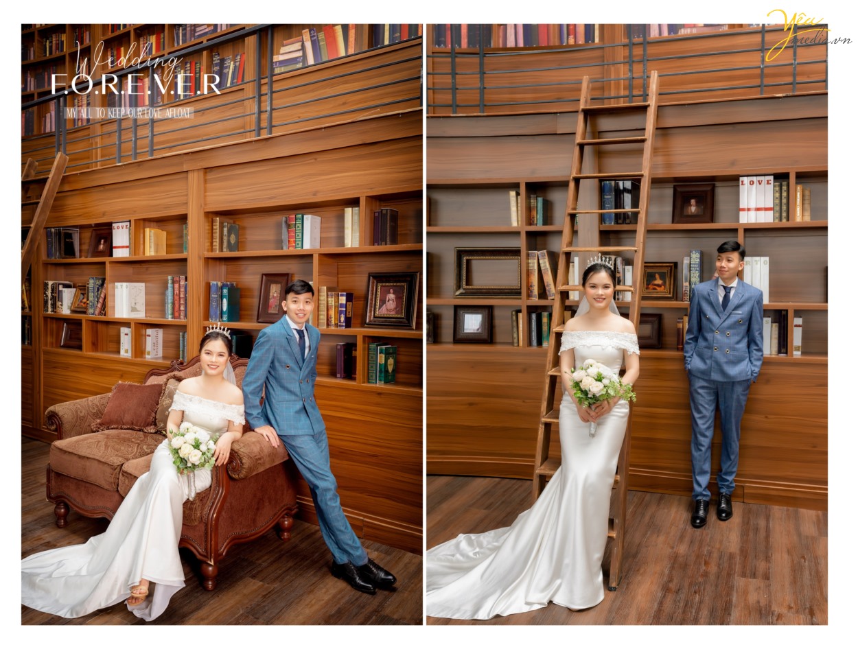 Chụp ảnh cưới tại 5 Garden phim trường có tủ sách cao như thư viện cùng ekip chụp hình studio yêu media hà nội