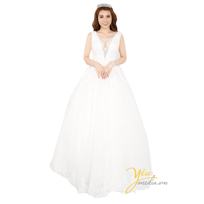 váy cưới trắng xẻ ngực dài xòe nhẹ thướt tha