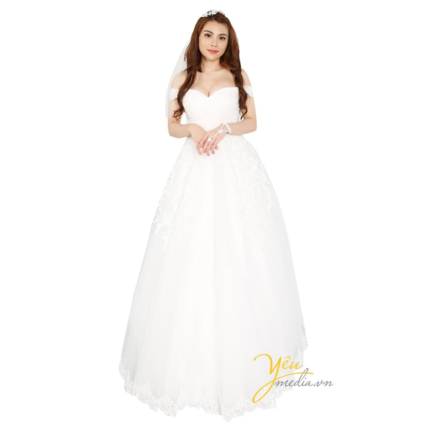 váy cưới trắng trễ vai khoét ngực xòe rộng