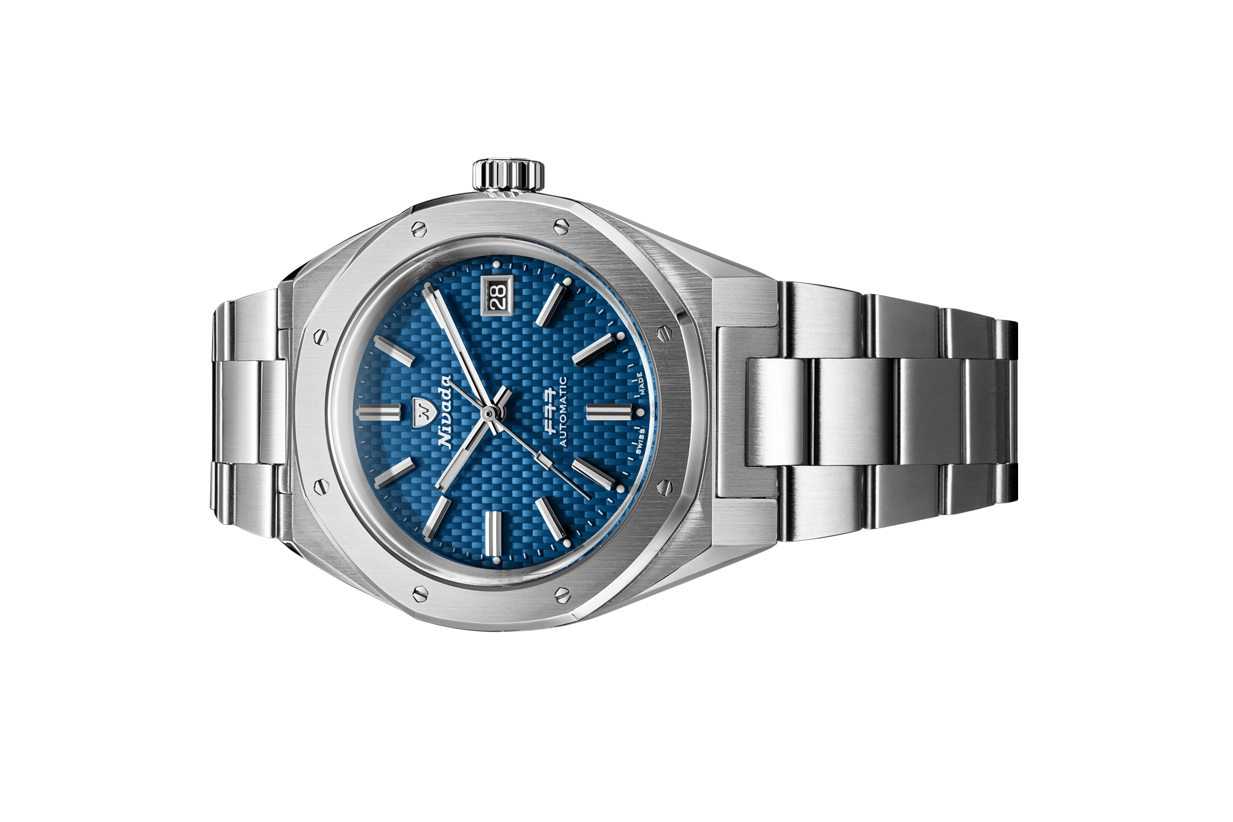 Đồng hồ đeo tay thương hiệu Nivada Grenchen, dòng sản phẩm F77, Ref number: 69041A77B, mặt số xanh họa tiết, size 41mm, máy tự động, vỏ và dây đồng hồ bằng thép 316L, mới 100%