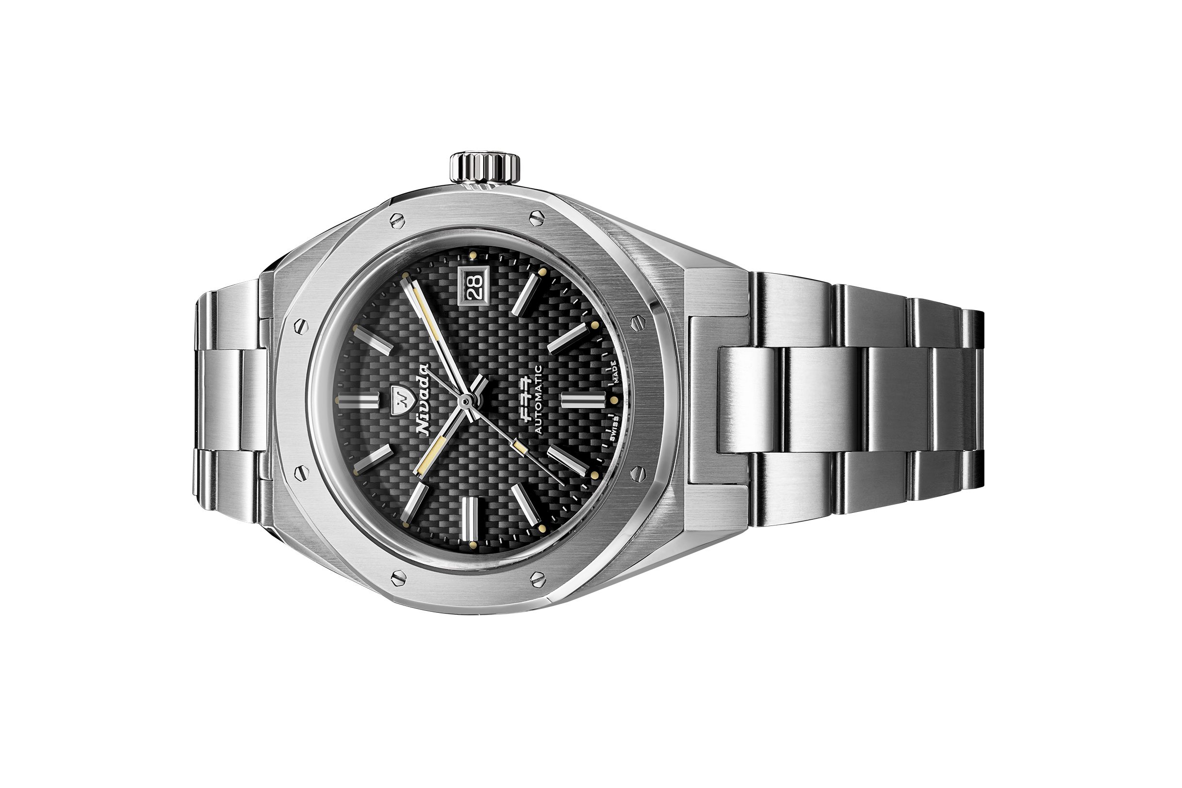 Đồng hồ đeo tay thương hiệu Nivada Grenchen, dòng sản phẩm F77, Ref number: 69041A77A, mặt số đen họa tiết, size 41mm, máy tự động, vỏ và dây đồng hồ bằng thép 316L, mới 100%