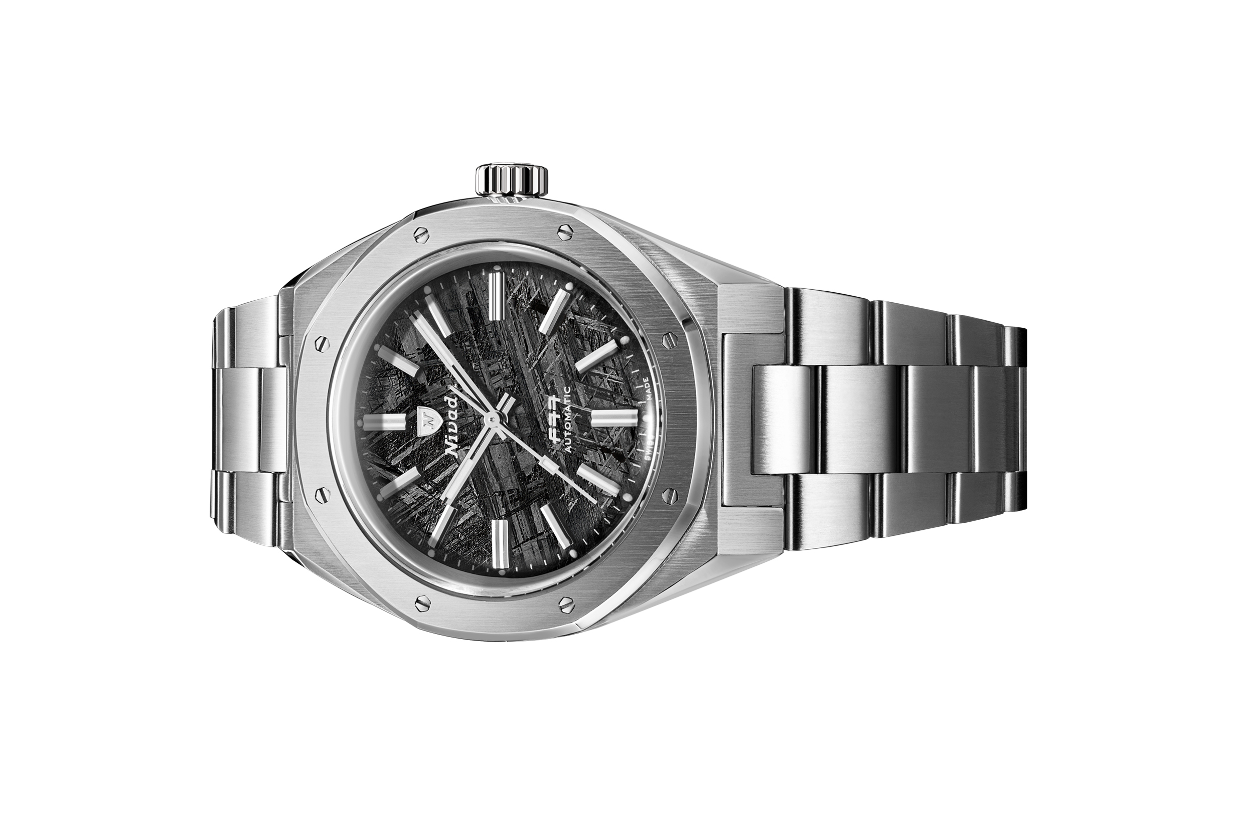 Đồng hồ đeo tay thương hiệu Nivada Grenchen, dòng sản phẩm F77, Ref number: 68041A77C, mặt số thiên thạch, size 41mm, máy tự động, vỏ và dây đồng hồ bằng thép 316L, mới 100%