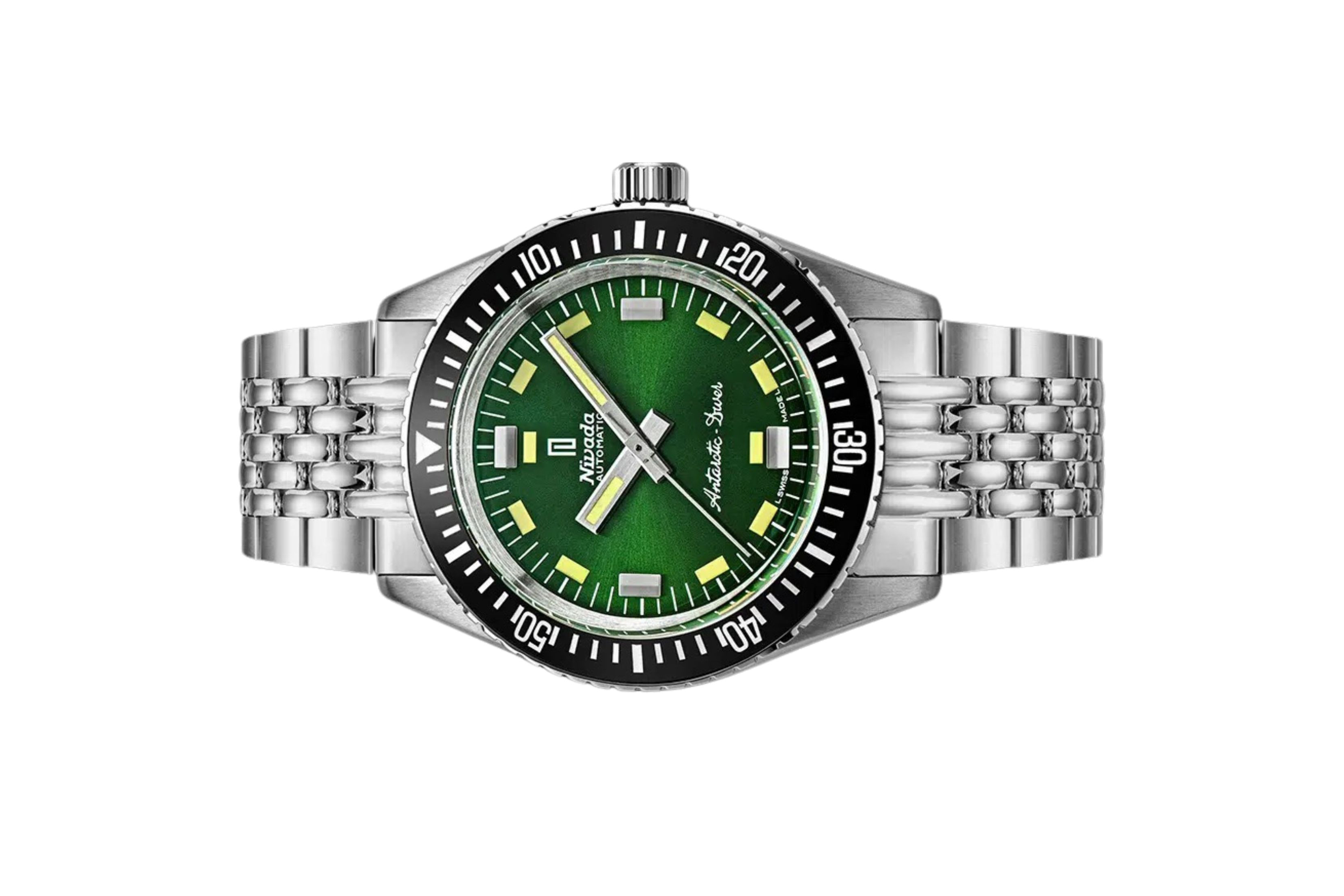 Đồng hồ đeo tay thương hiệu Nivada Grenchen, dòng sản phẩm Antarctic Diver, Ref num 32059A, mặt số xanh lá chải tia Sunray, size 38mm, máy tự động, vỏ và dây đồng hồ bằng thép không gỉ, mới 100%